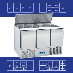 Saladette en inox, 3 portes, 365 litres, 0°C/+8°C