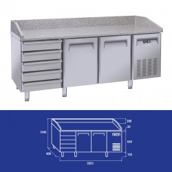 Table à pizzas réfrigérée en inox,  5 tiroirs, 2 et 3 portes pour grilles 60 x 40 cm, +2°C/+8°C, plateau en granit avec...