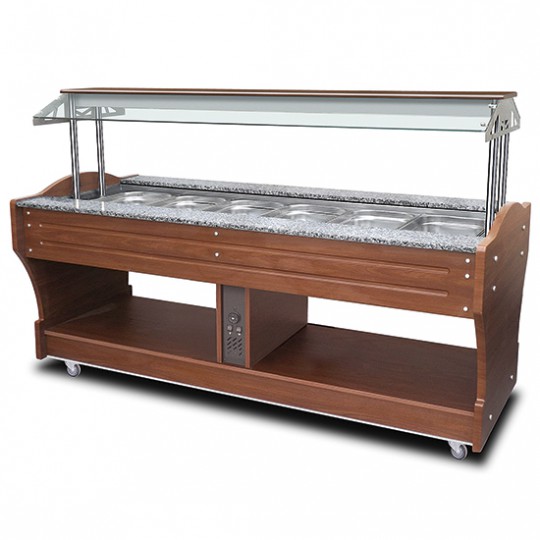 Buffet bain-marie à île, 6x GN 1/1 h. 150 mm, hotte pas abaissable