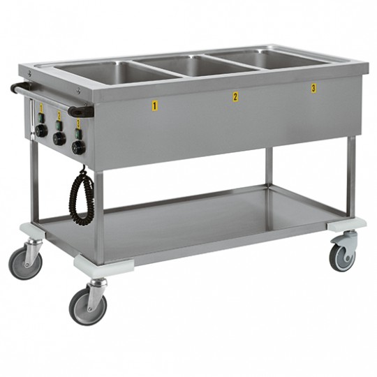 Chariot bain-marie avec étagère basse, 3 bacs GN 1/1 h200 mm, 3 température